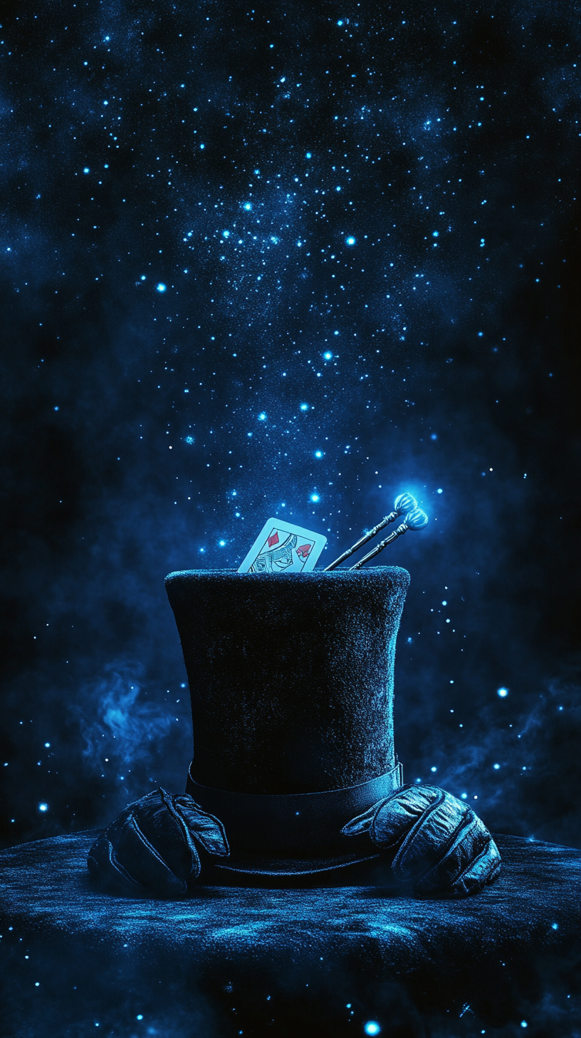 Mobile slide background with magician's top hat and gloves.