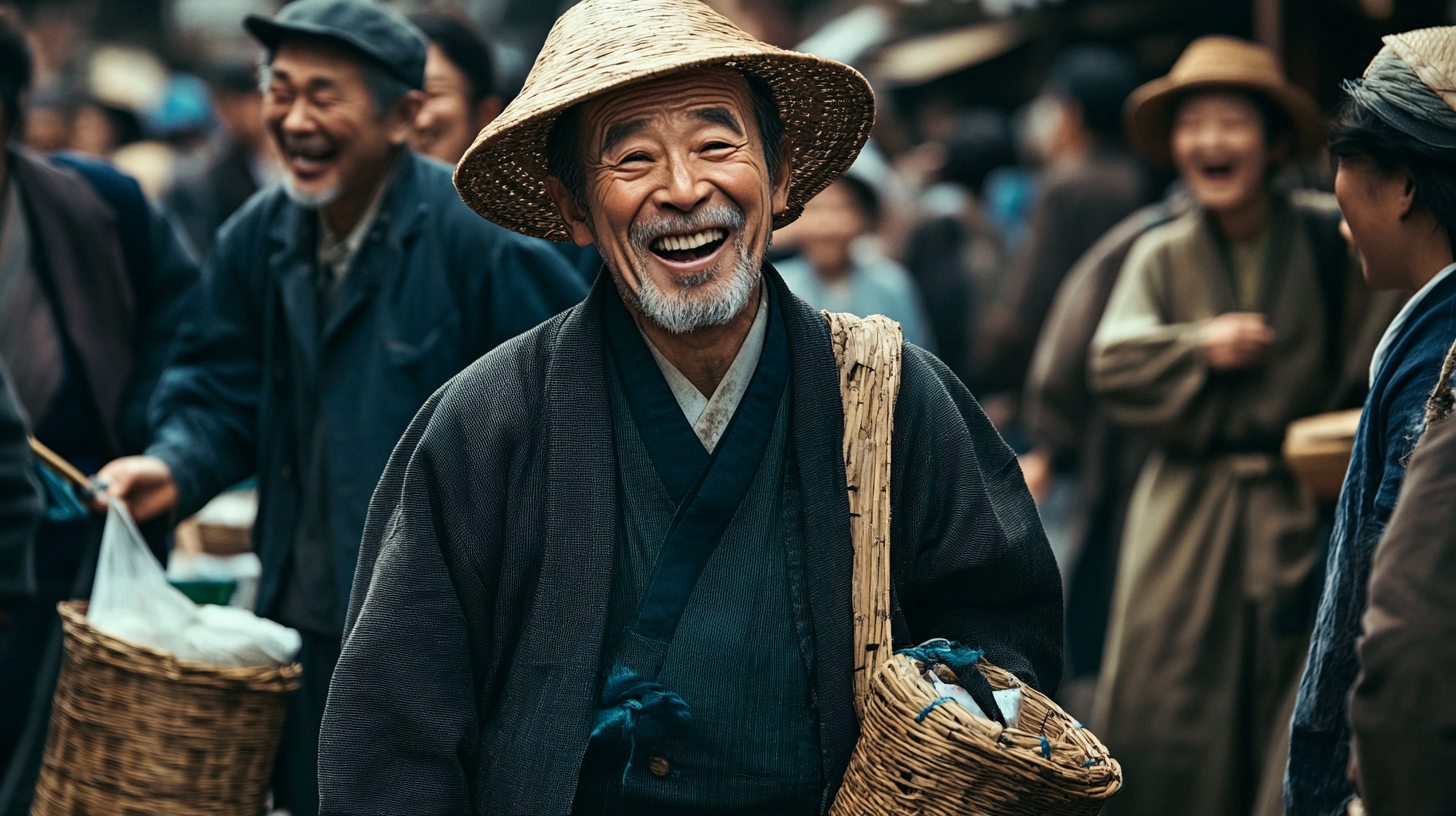 Mocked in Japanese market street, 19th century, Henri Cartier-Bresson style