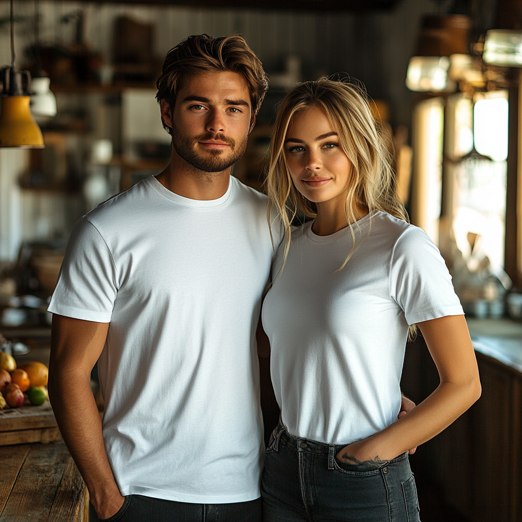 Mockup of couple in modern kitchen for photo shoot.