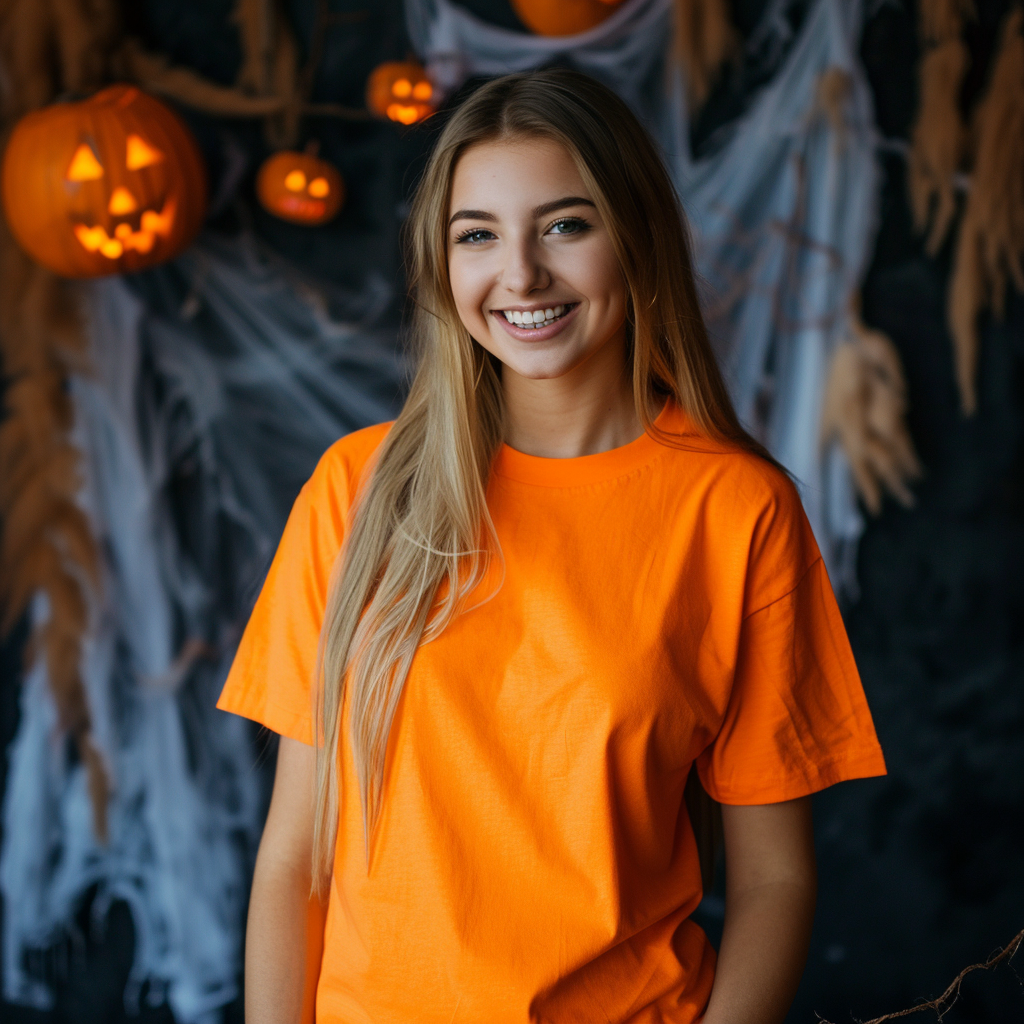 Mockup photo shoot: Smiling 25-year-old white female in orange Gildan 5000 t-shirt, Halloween background.