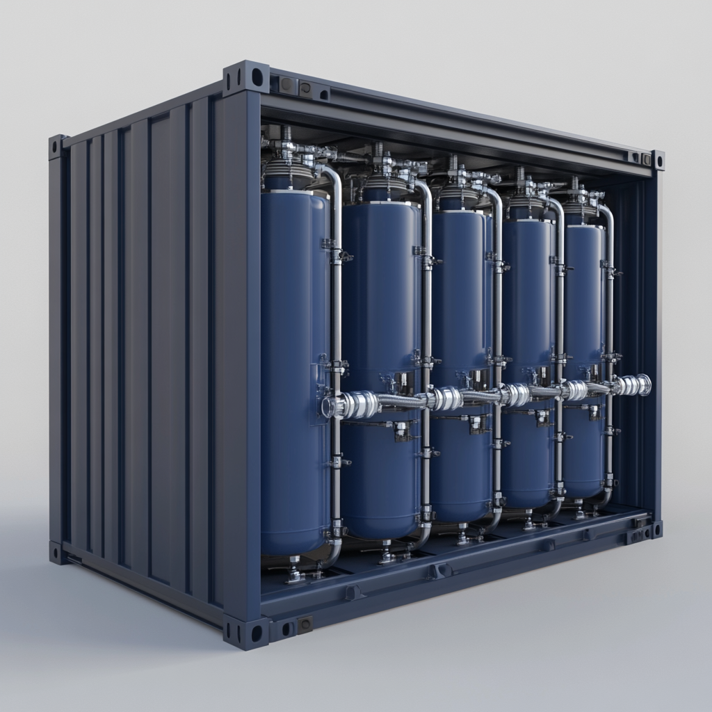 Model 20-foot container with vertical sand filter tanks.