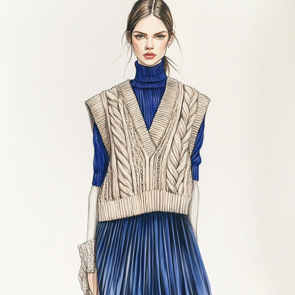 Model in blue pleated skirt wears oversized knit vest.