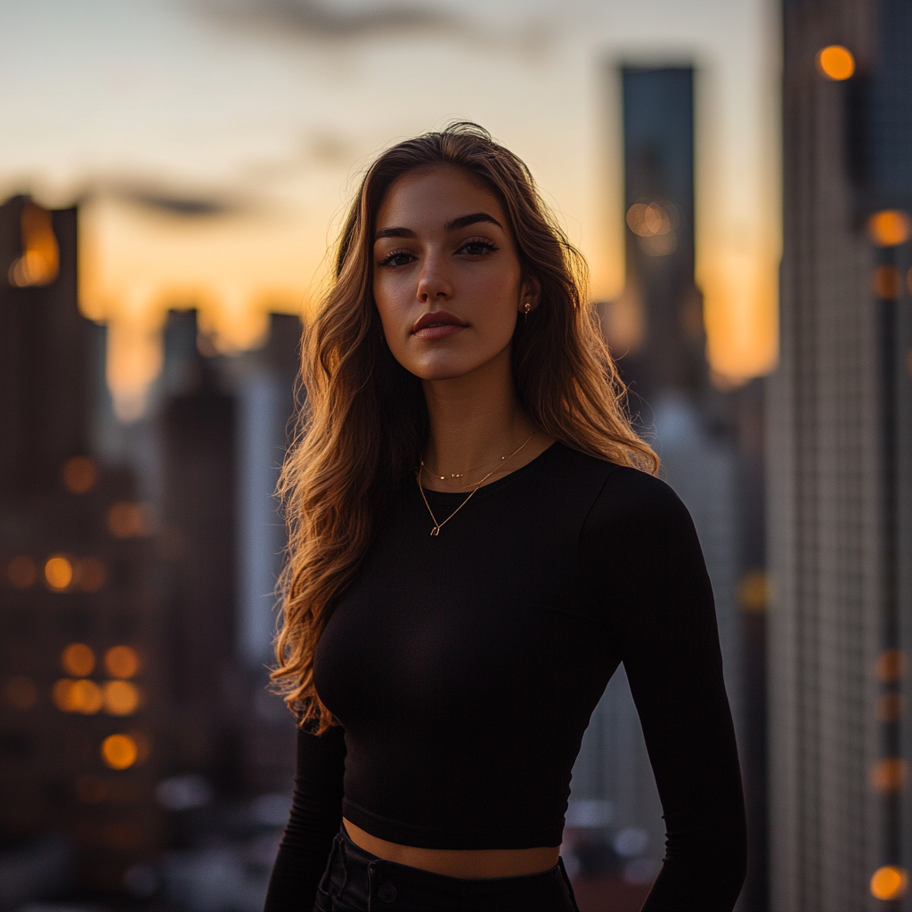 Model in chic city setting during sunset