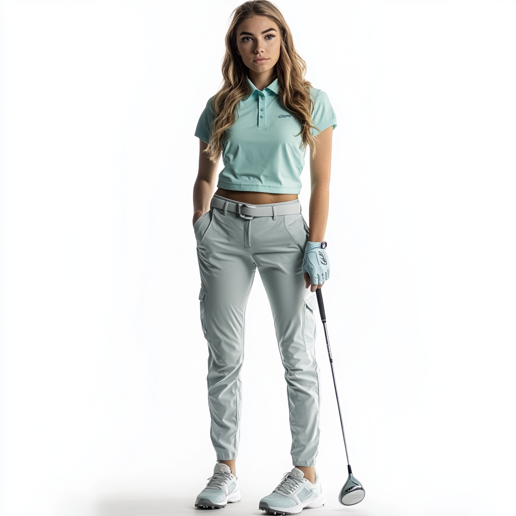 Model in golf attire, light blues and neutrals. White background.