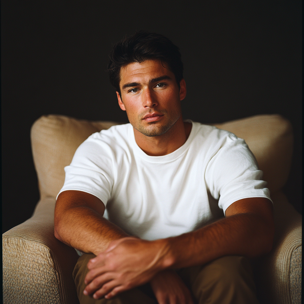 Model man in white tshirt, studio photoshoot, kodak film.