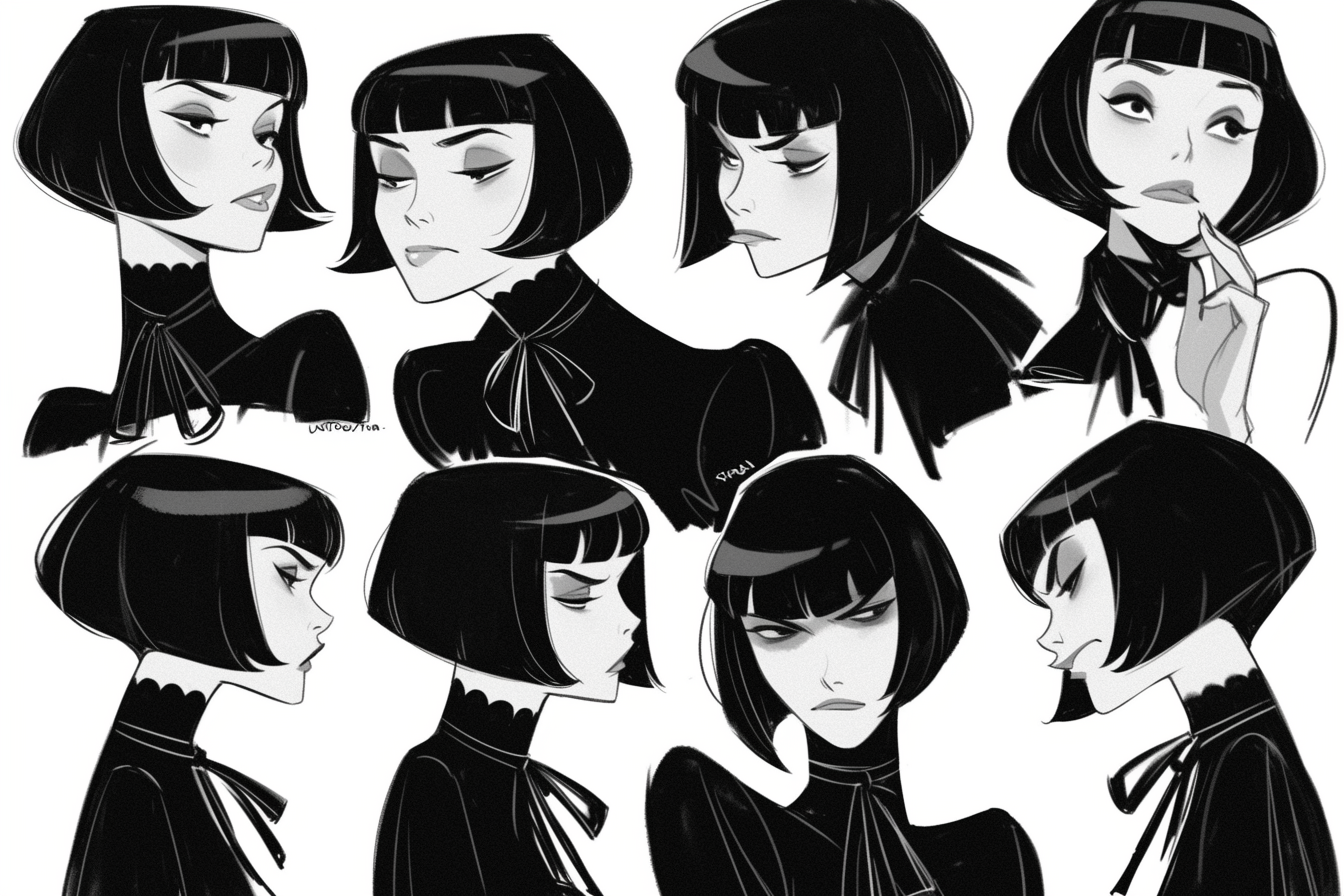 Model sheet woman with Louise Brooks look, bob haircut, poncho, varied emotions, angles, webtoon, comic book style.