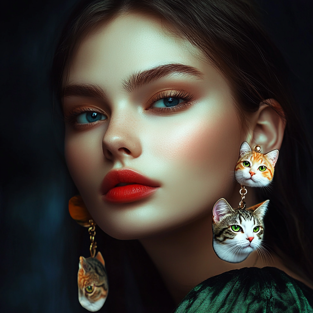 Model wearing cat-shaped earrings in vibrant colors.