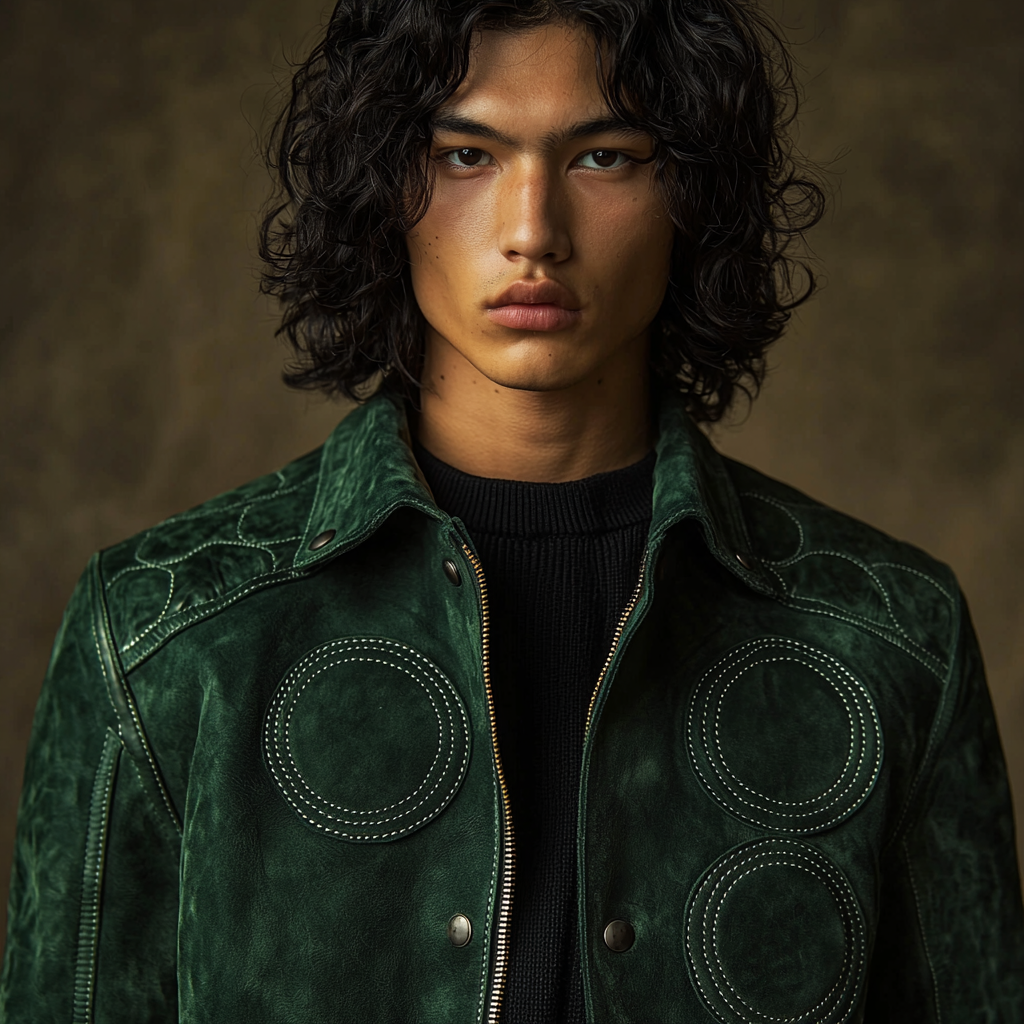 Model wearing green jacket with sphere patches