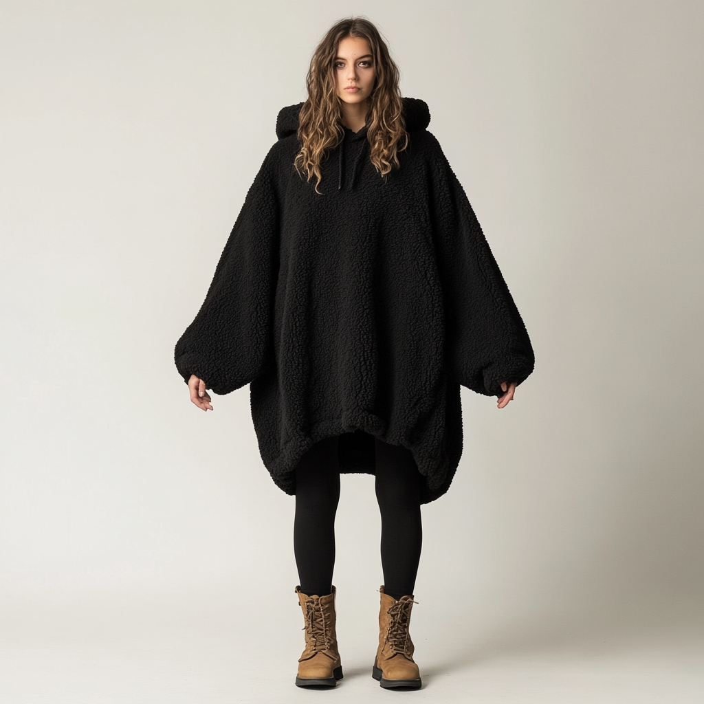 Model wears oversized black hoodie with unique features.