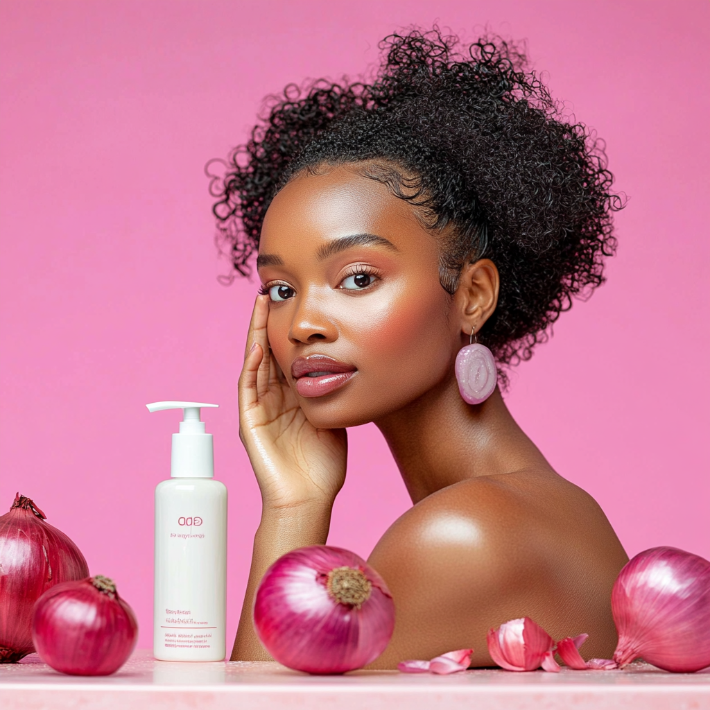 Model with beautiful eyes and hair next to shampoo