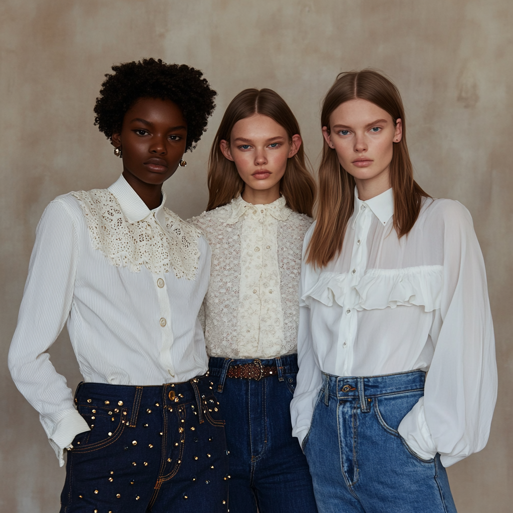 Models in indigo denim and white chiffon shirts.