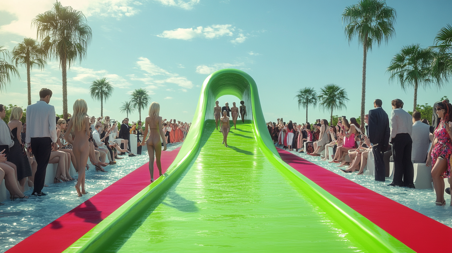 Models sliding down green slip and slide runway.