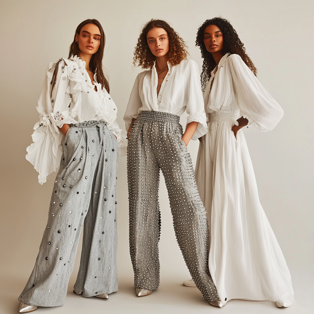 Models wearing studded denim and white chiffon shirts.