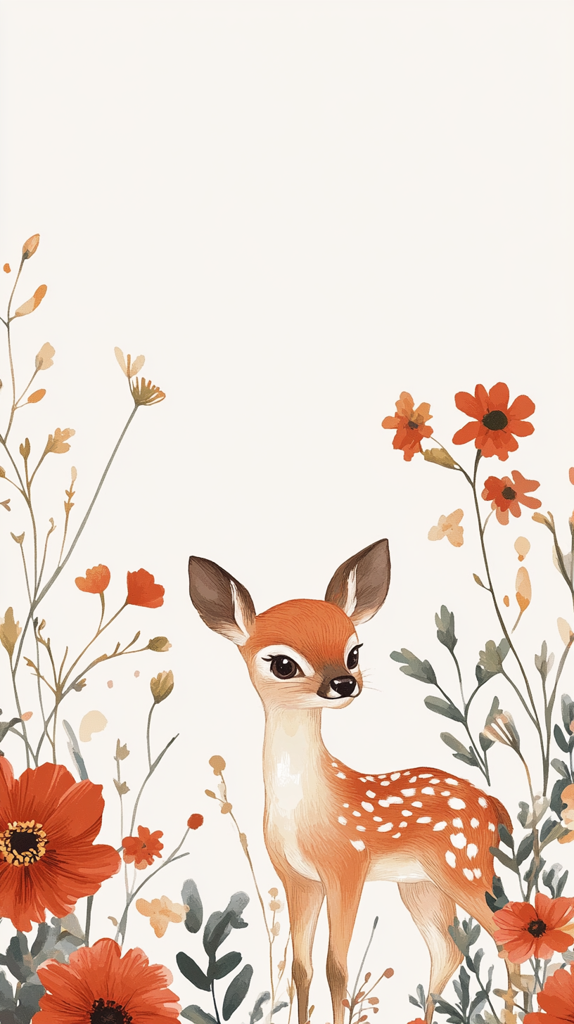 Modern, elegant cover with wildflowers, playful baby deer.