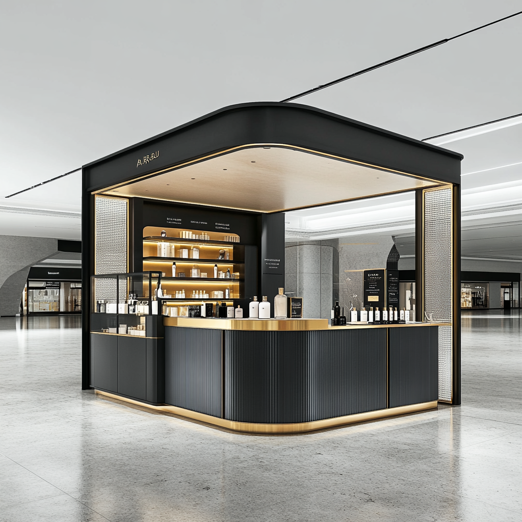 Modern, elegant kiosk for perfume brand in mall.