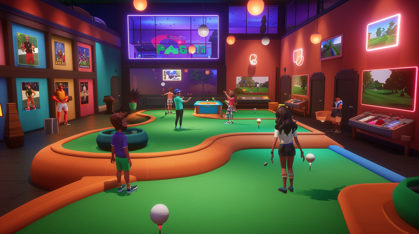 Modern 3D video game club house with golf theme