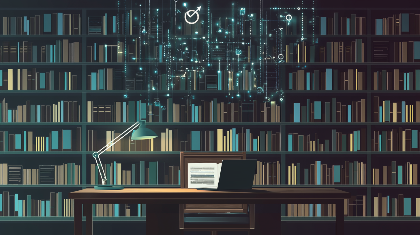 Modern Academic Workspace: Books, Data Analysis, AI Fusion