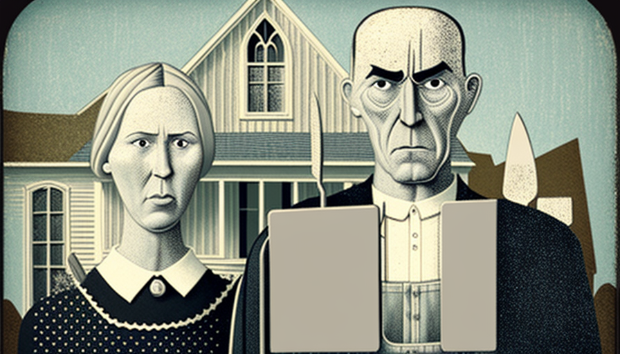 Modern American Gothic: Figures with digital tablet