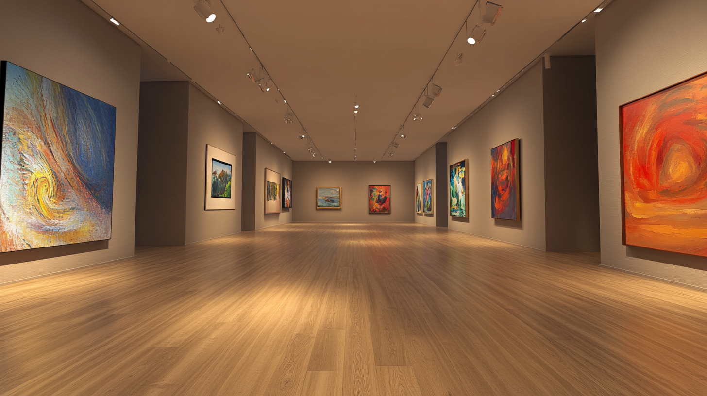 Modern Art Gallery with 45 Degree Perspective, Lights, Paintings, Divisions