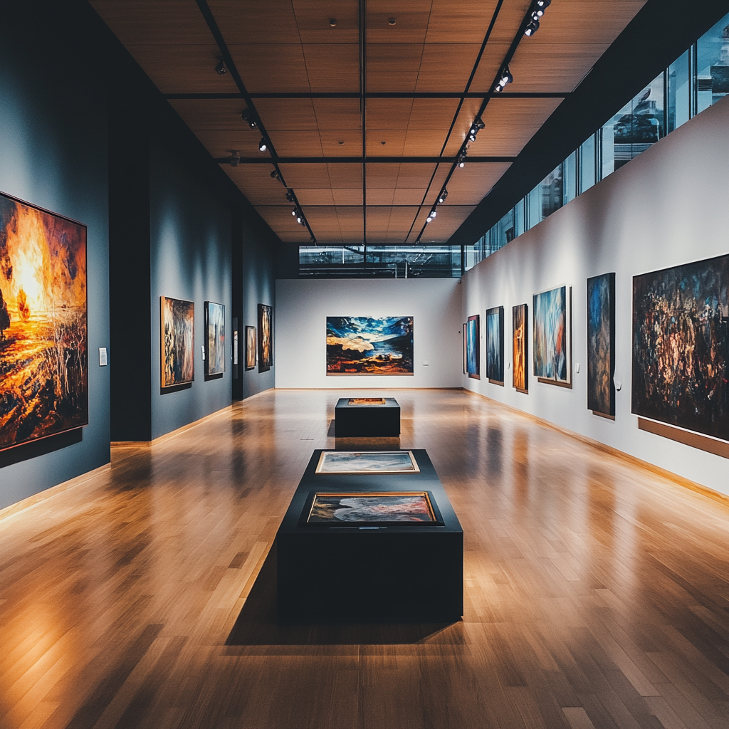 Modern Art Gallery with Divided Paintings, Cinematic 16:9视角