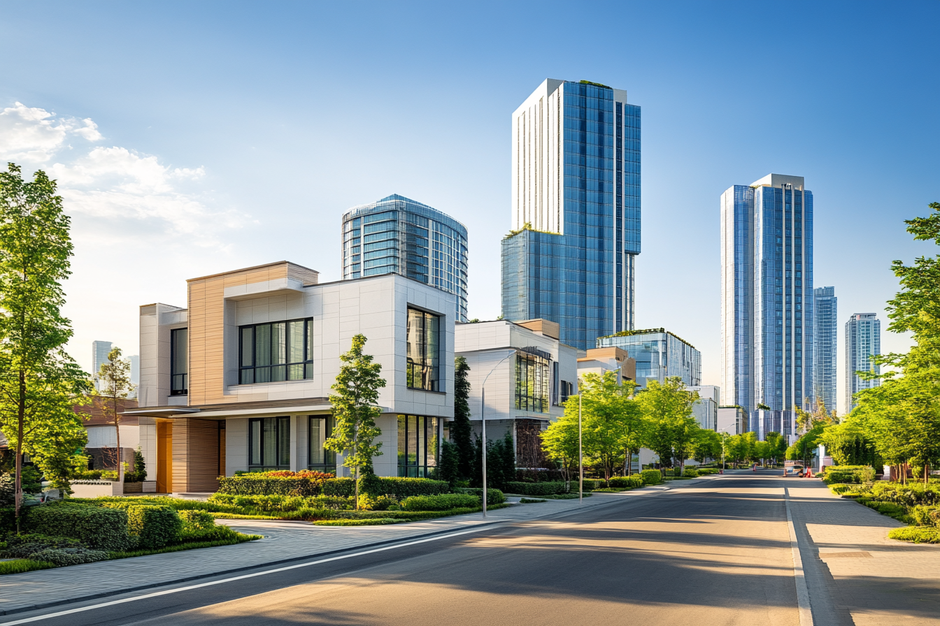 Modern Cityscape with Diverse Buildings, Clear Sky