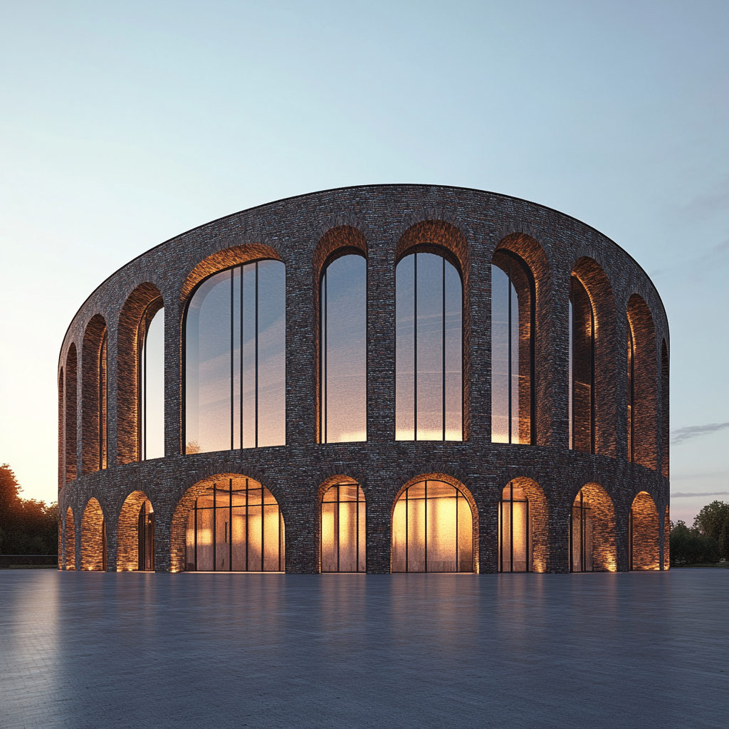 Modern Colosseum-inspired arena with glass windows at dusk