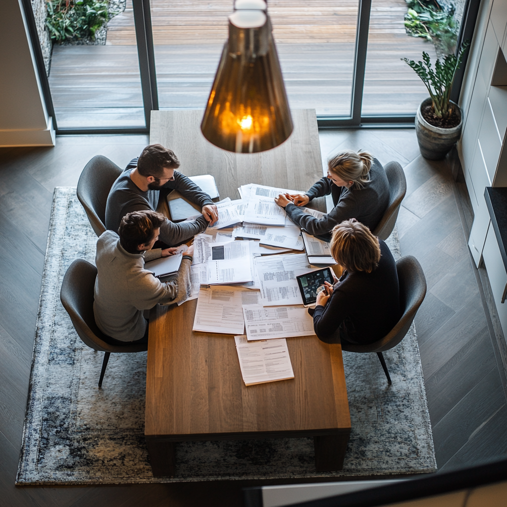 Modern Dining Room with People Overlooking Legal Papers 