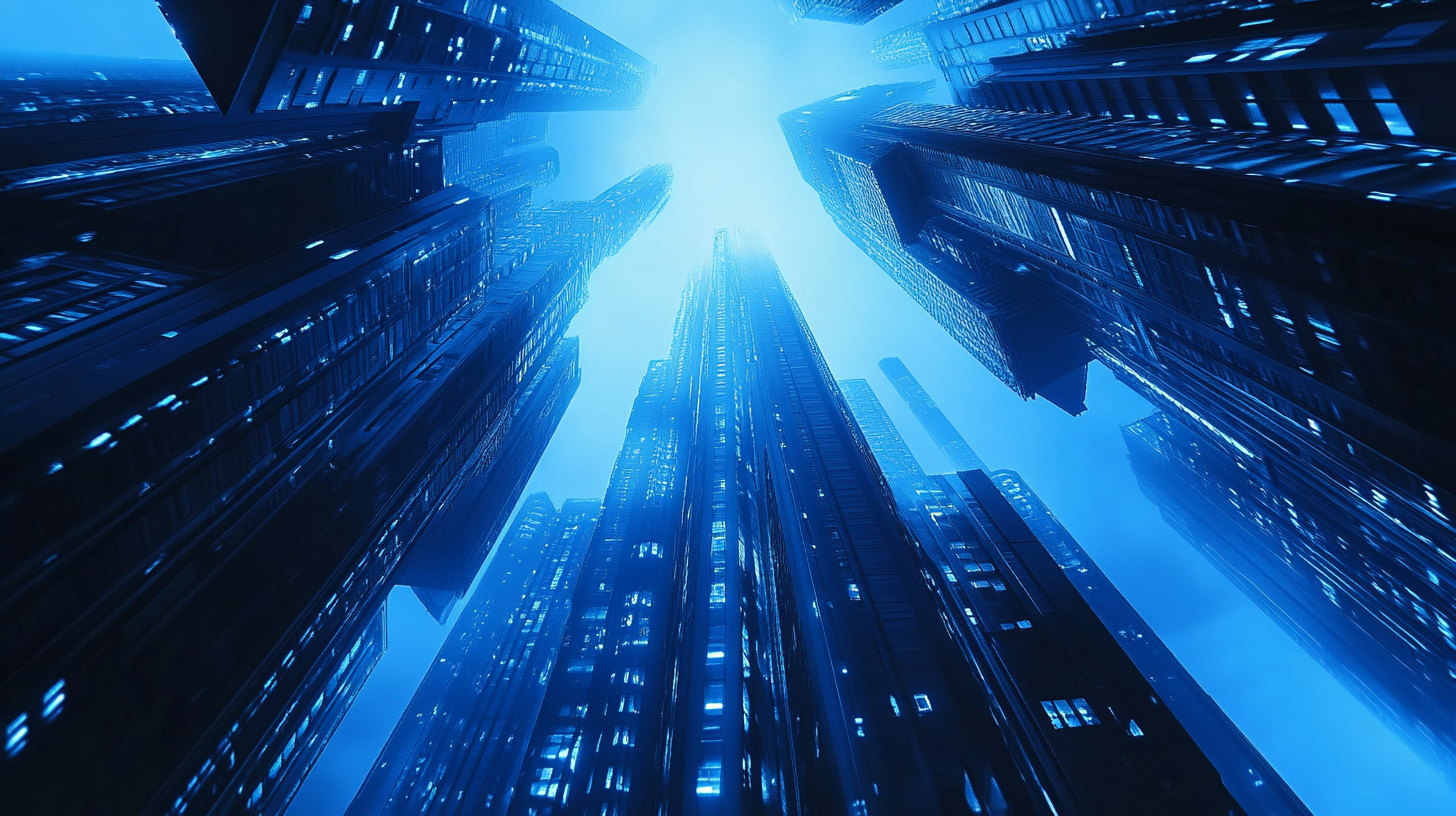 Modern Electric City with futuristic high-rise buildings, blue background.