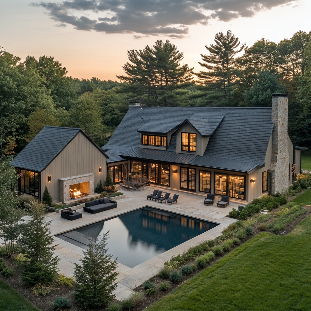 Modern Farmhouse Backyard with Pool and Patio Oasis