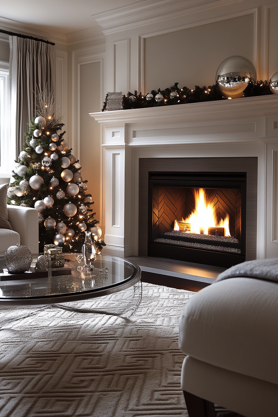 Modern Fireplace with Stylish Bauble Arrangement in Monochrome