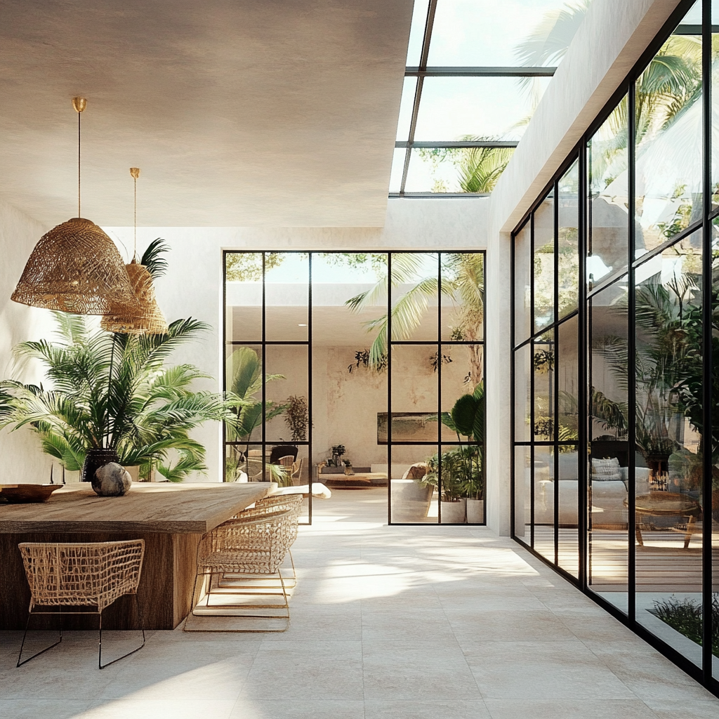 Modern French Style Terrace with Tropical Plants and Gold