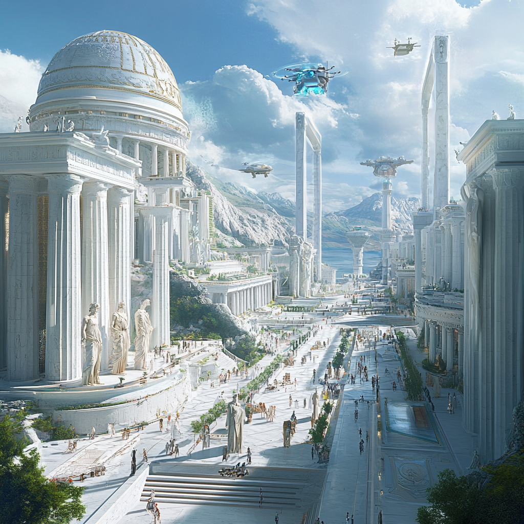 Modern Greek city with futuristic twist; white marble buildings, holographic projections, flying vehicles, digital discussions, statues, high-tech Parthenon.