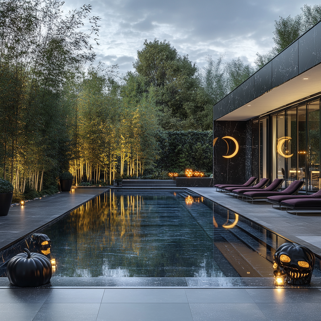 Modern Infinity Pool Oasis with Halloween Decor