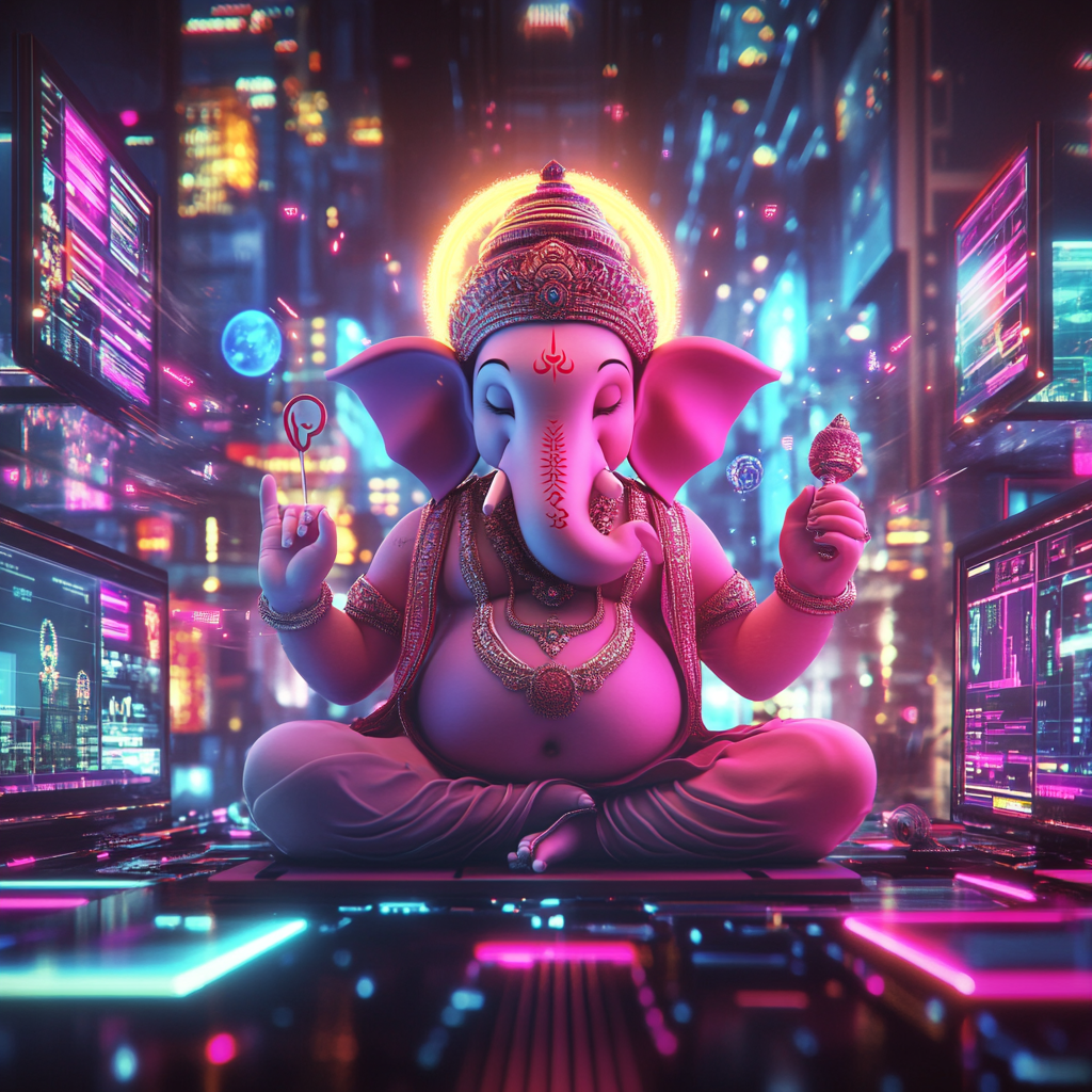 Modern Lord Ganesha surrounded by digital marketing metrics and tools.