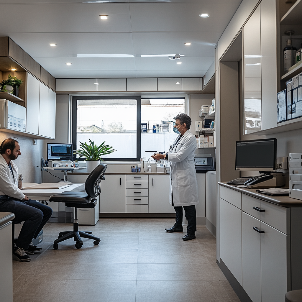 Modern Medical Clinic Interior with Doctor Examining Patient