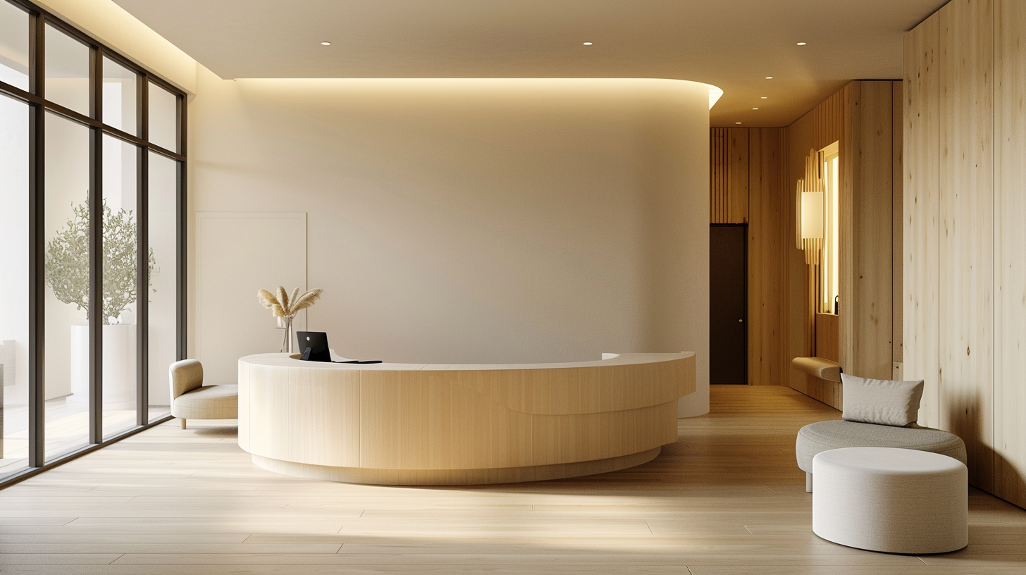 Modern Minimalist Reception Area with Neutral Tones & Contemporary Furniture