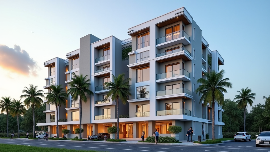 Modern Multi-Story House with Coconut Trees and Car