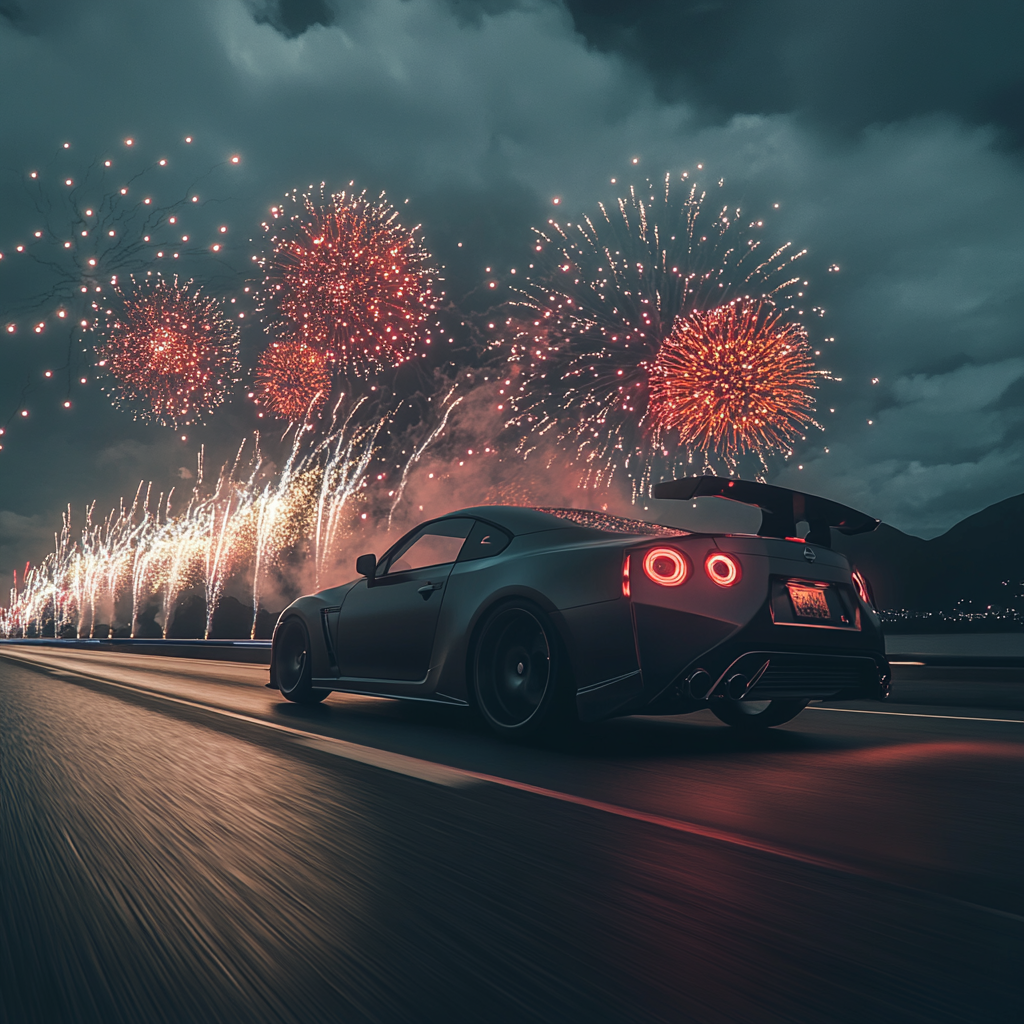 Modern Nissan Skyline driving with fireworks in background