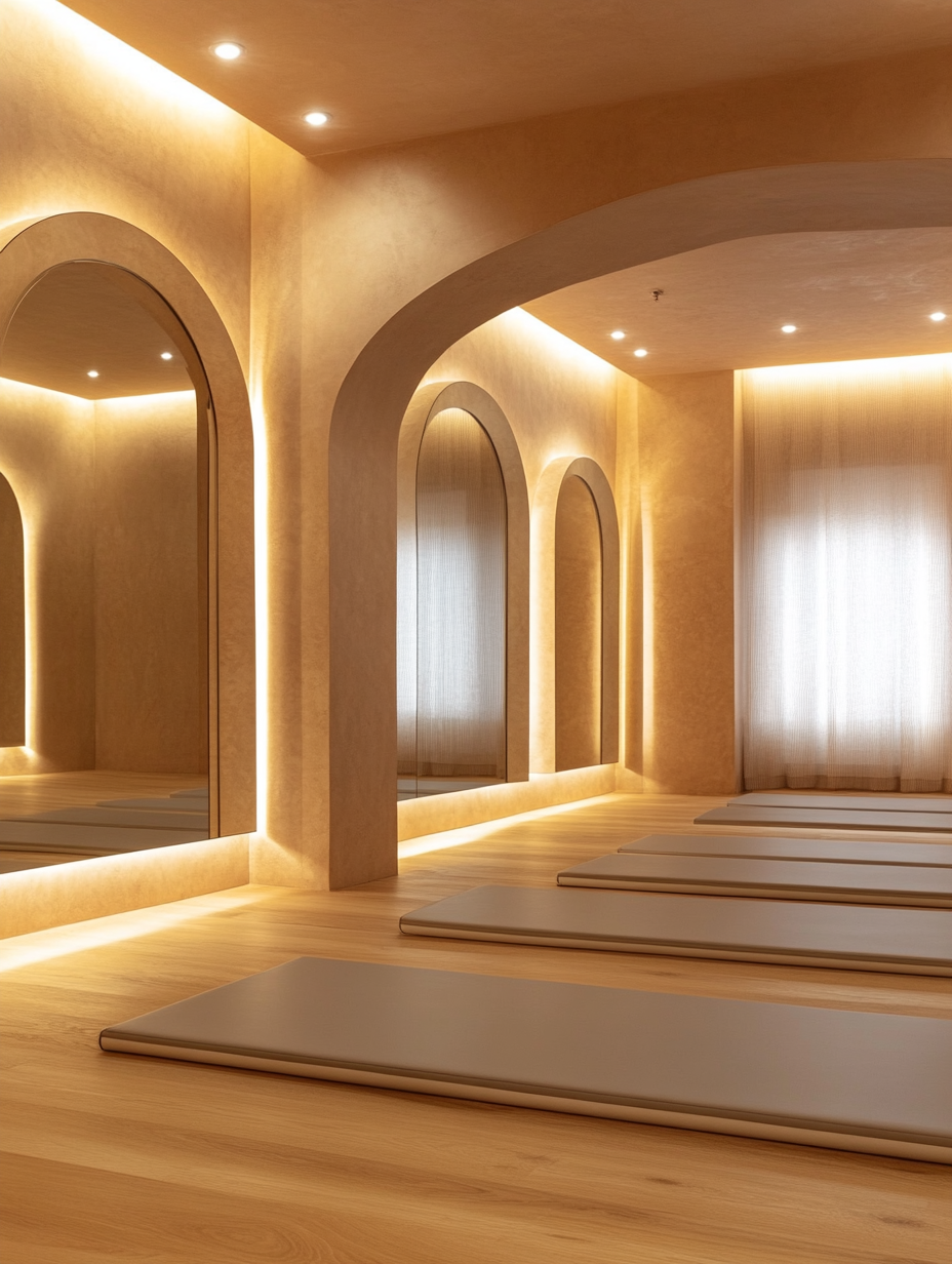 Modern Pilates Room with Mirrors and Parquet Flooring