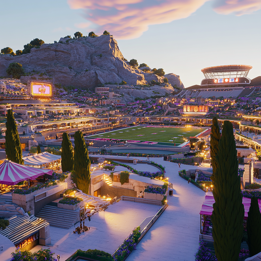 Modern Roman festival with NFL theme on stadium backdrop.