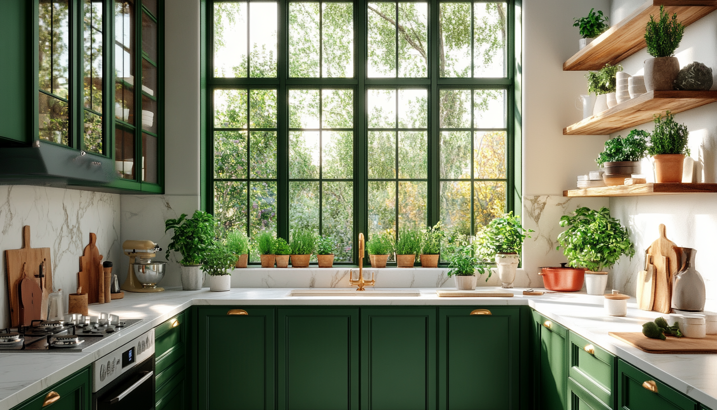 Modern Sunlit Kitchen with Green Cabinets, Wooden Accents