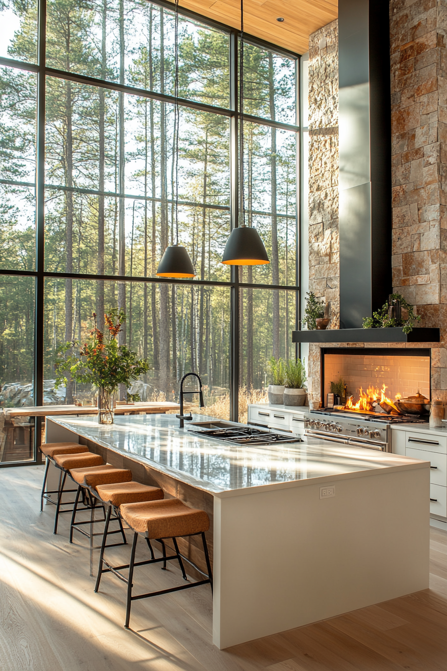 Modern Wilderness Kitchen with Expansive Forest Views