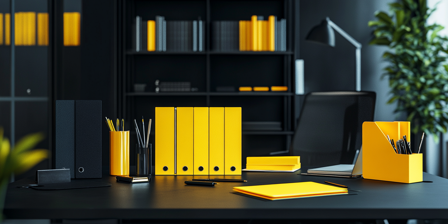 Modern Yellow Files on Clean Black Table