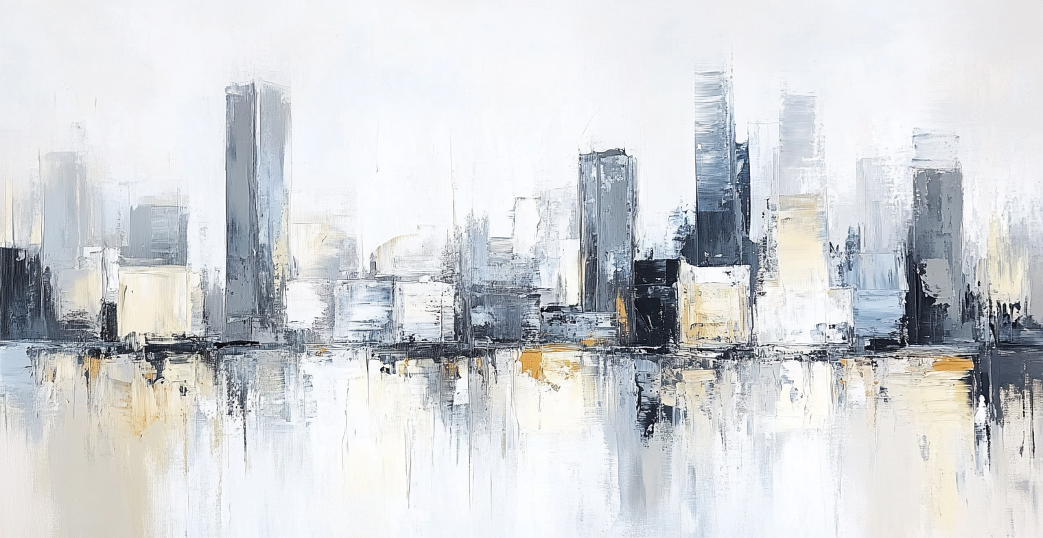 Modern abstract painting of Glasgow in white, gray, silver.