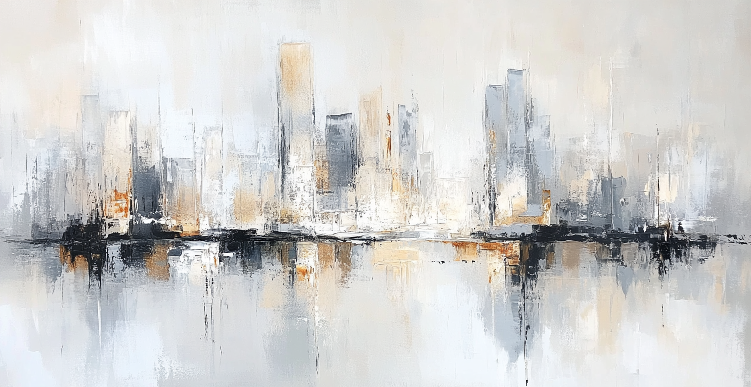 Modern abstract painting of Glasgow skyline, light colors.