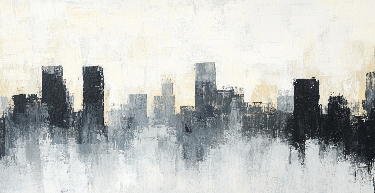 Modern abstract painting with gray, white, black, silver.