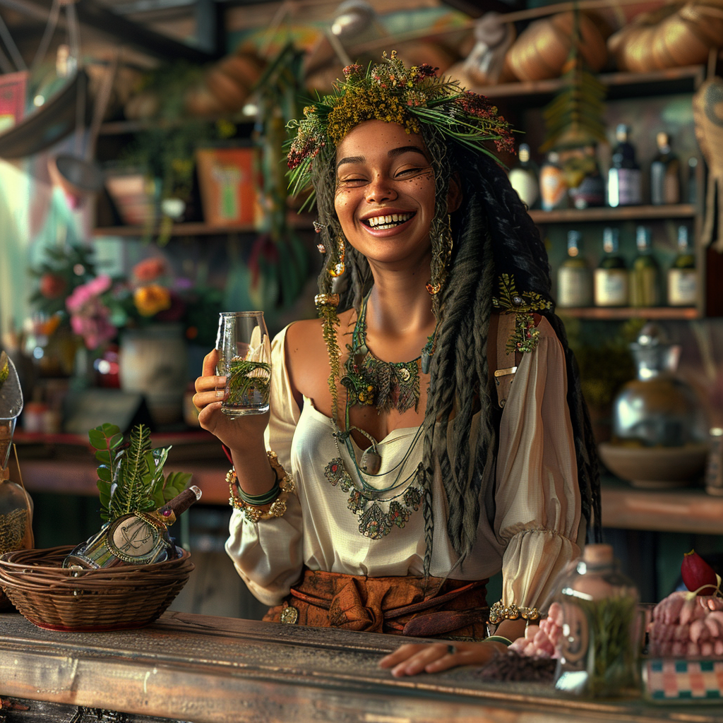 Modern ancient apothecary with glass bottles, herbs, Maori witch.