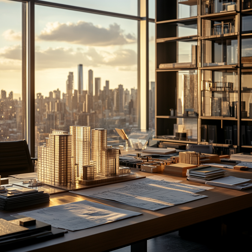 Modern architect's office with building models and city view