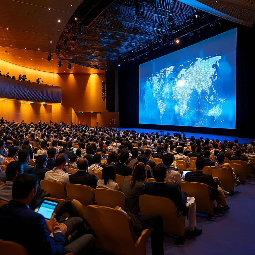 Modern auditorium with diverse global audience and professional lighting.