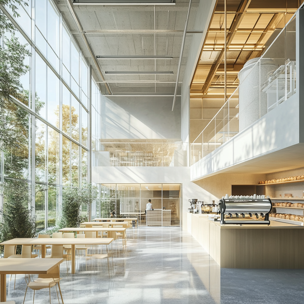 Modern bakery and cafe with glass walls, work space, park view, coffee roaster.